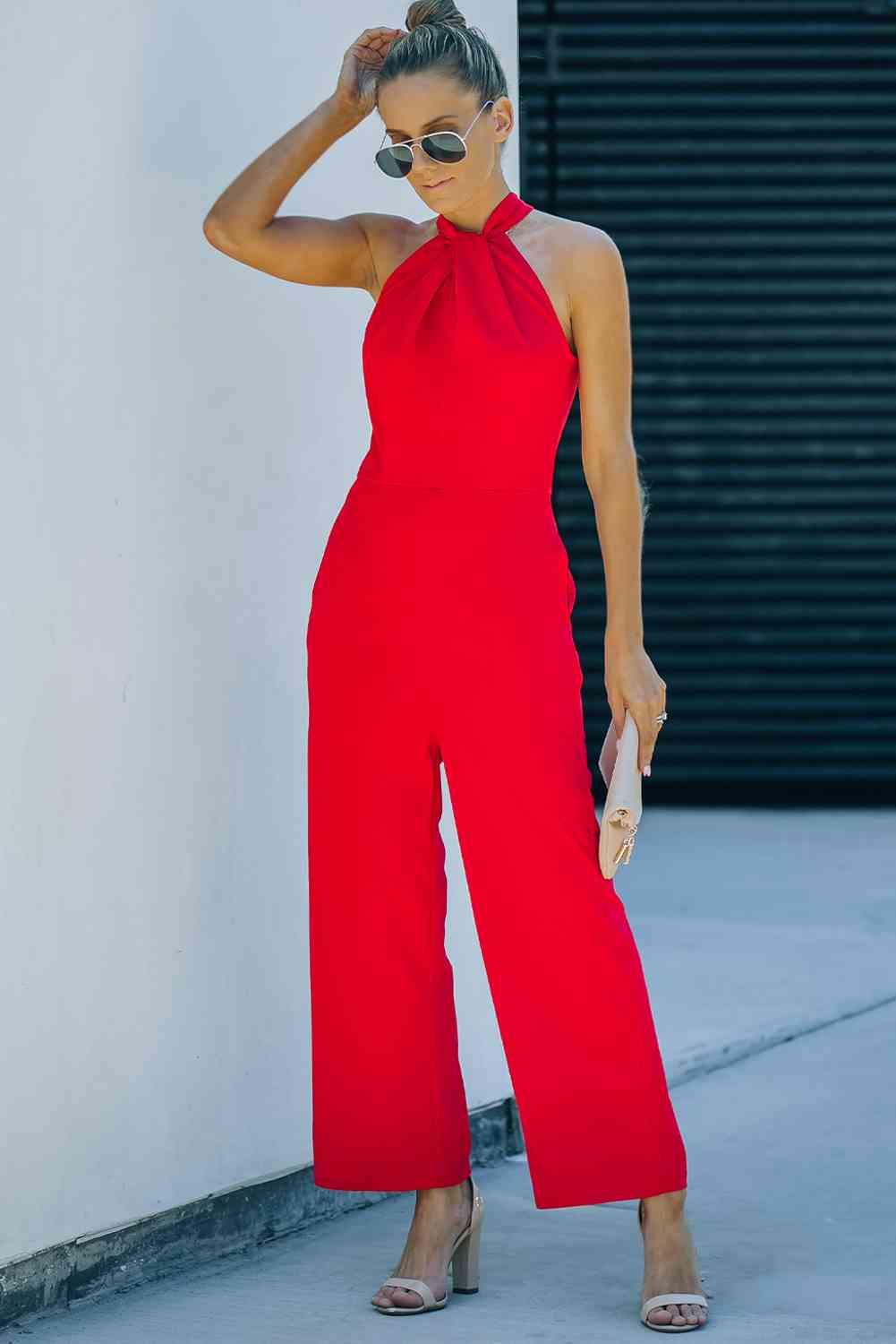 Twisted Grecian Neck Wide Leg Jumpsuit