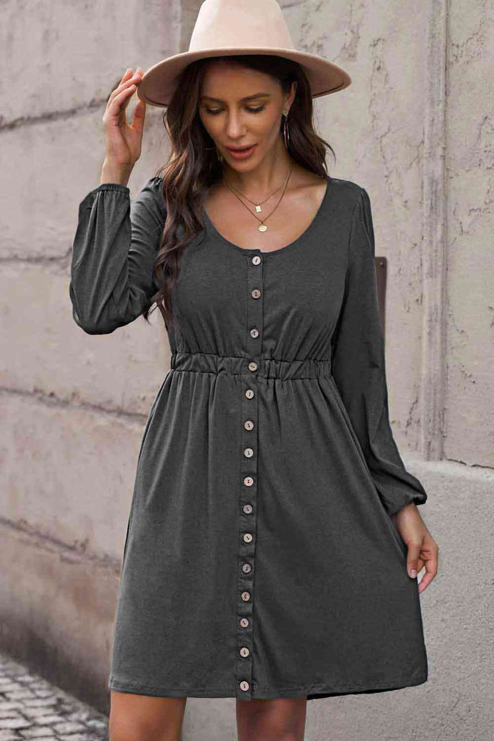 Plus Size Button Front Elastic Waist Long Sleeve Dress