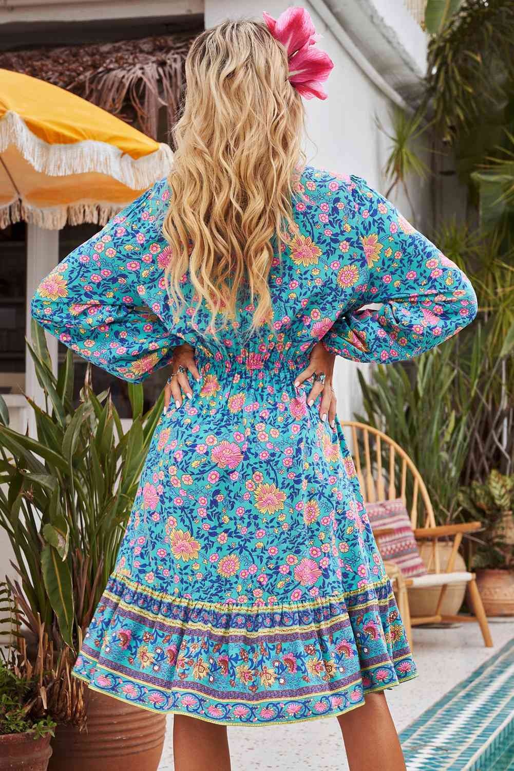 Bohemian Tie Neck Balloon Sleeve Dress