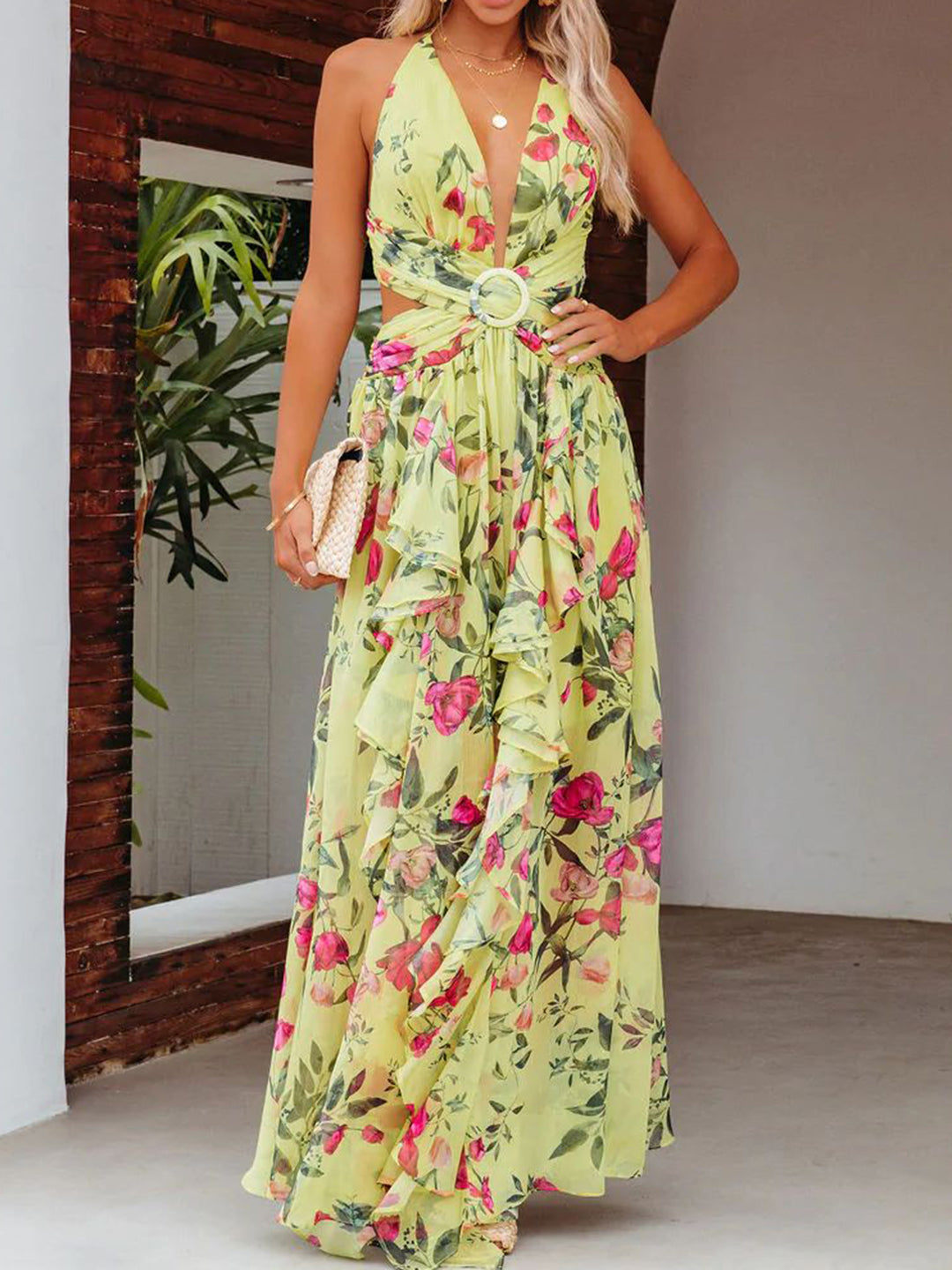 Backless Printed Plunge Sleeveless Dress