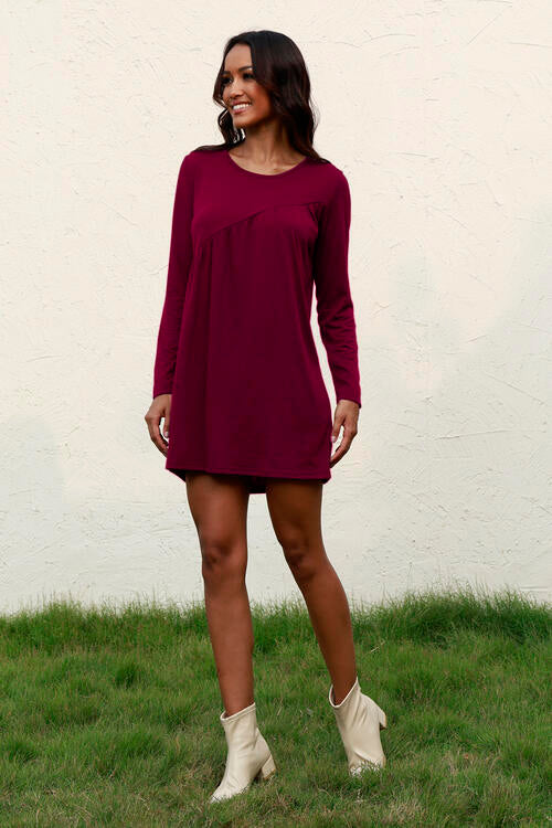 Ruched Round Neck Long Sleeve Dress