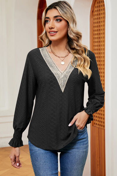 Eyelet V-Neck Flounce Sleeve T-Shirt