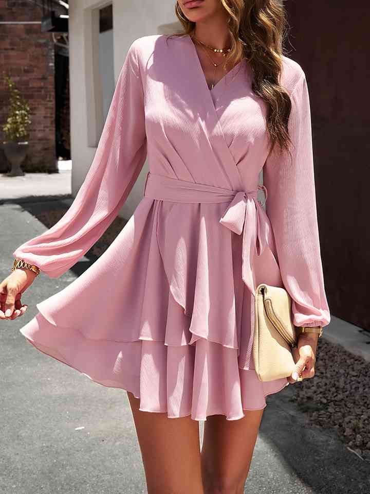 Surplice Neck Tie Waist Long Sleeve Dress