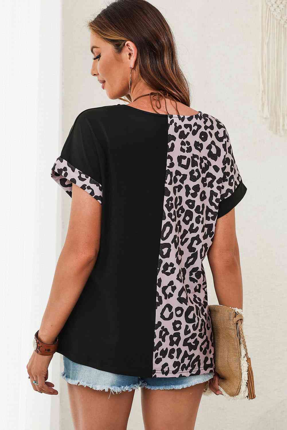 Leopard Two-Tone Round Neck Tee