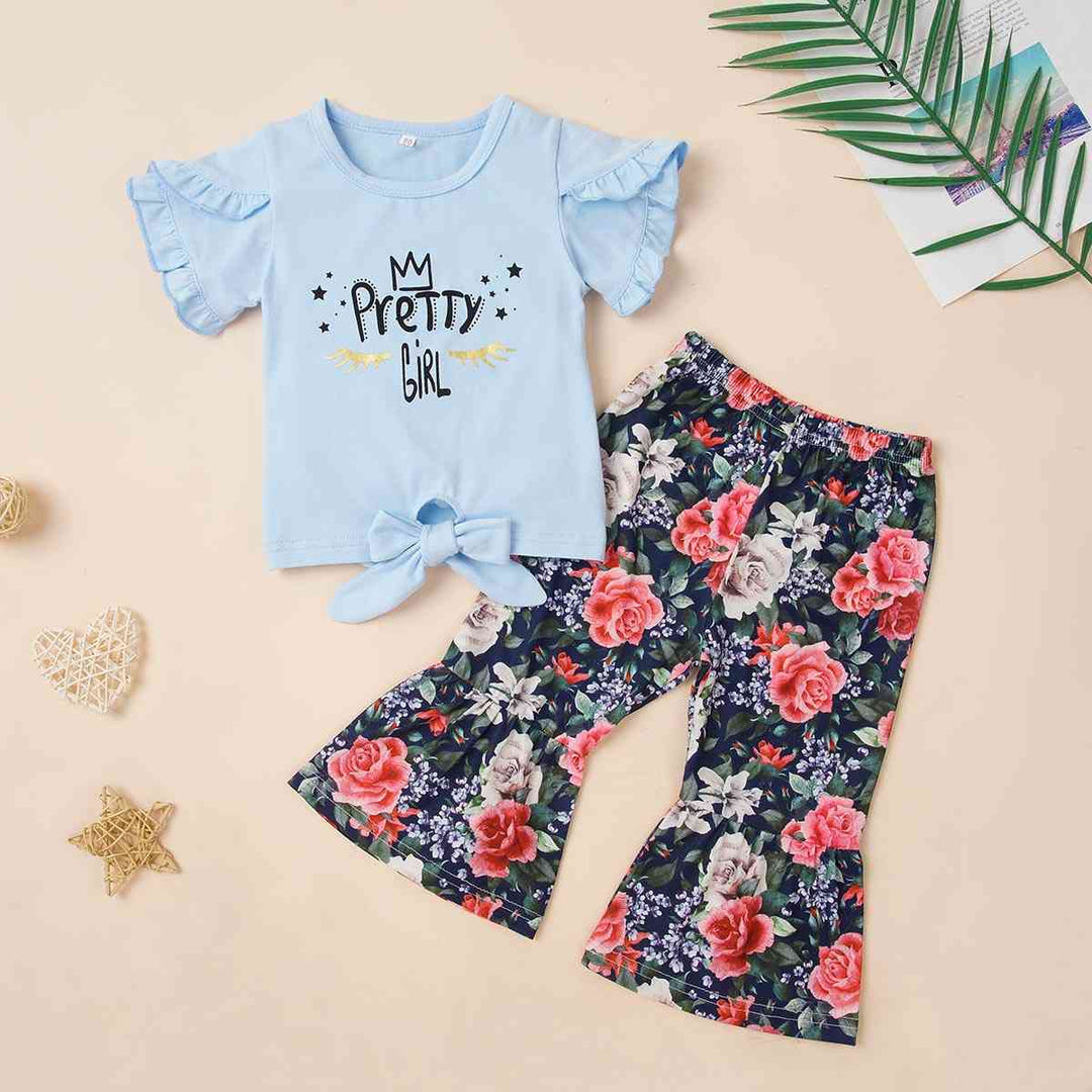 Round Neck PRETTY GIRL Graphic T-Shirt and Floral Print Pants Set