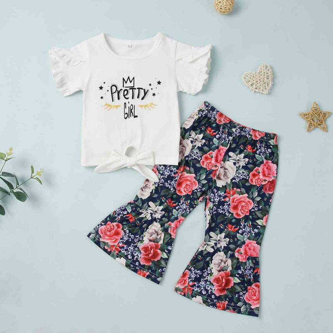 Round Neck PRETTY GIRL Graphic T-Shirt and Floral Print Pants Set