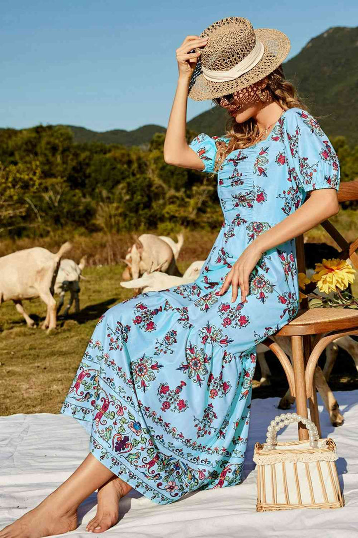 Floral Ruched Puff Sleeve Tiered Maxi Dress