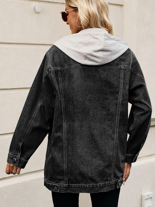 Drawstring Button Up Hooded Denim Jacket