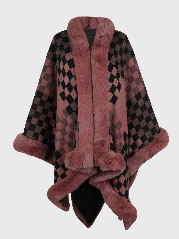 Checkered Faux Fur Trim Poncho