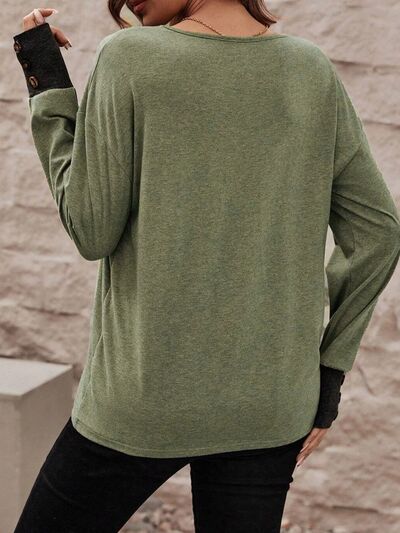 Decorative Button  V-Neck Dropped Shoulder T-Shirt