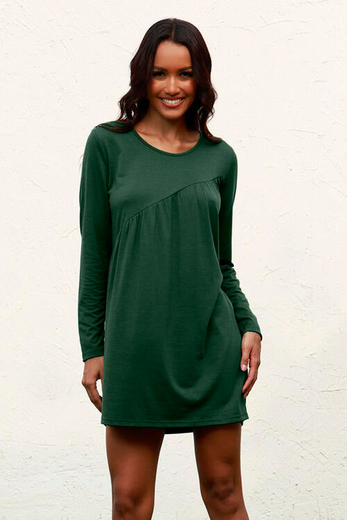 Ruched Round Neck Long Sleeve Dress