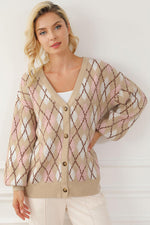 Button Up Geometric Dropped Shoulder Cardigan