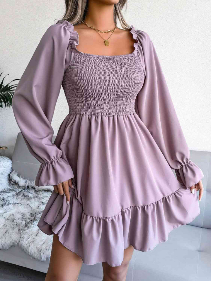 Smocked Flounce Sleeve Square Neck Dress