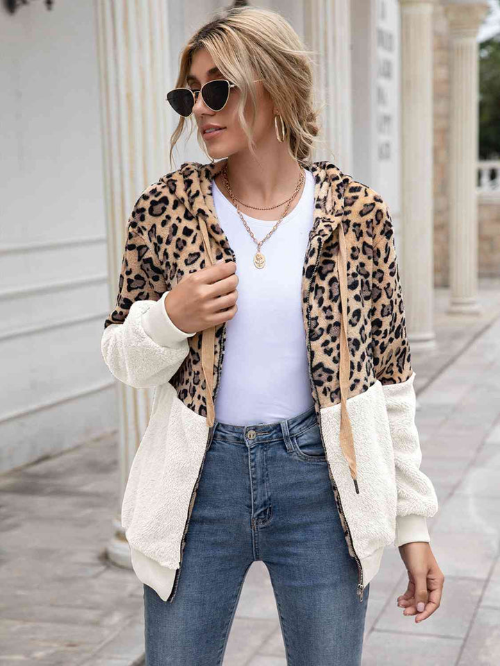 Leopard Drawstring Hooded Long Sleeve Outerwear