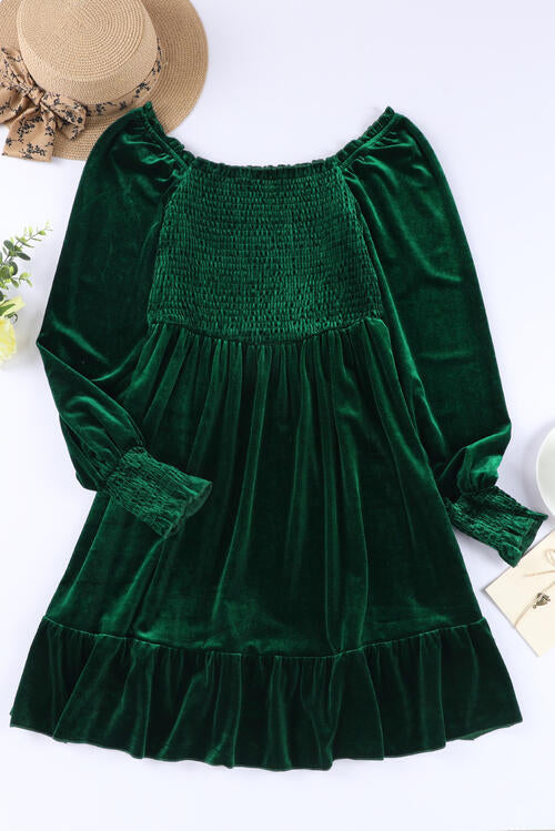 Square Neck Smocked Ruffle Hem Dress