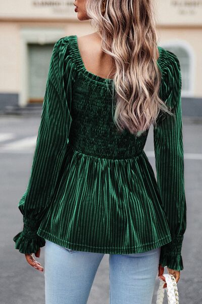 Smocked Lantern Sleeve Peplum Blouse