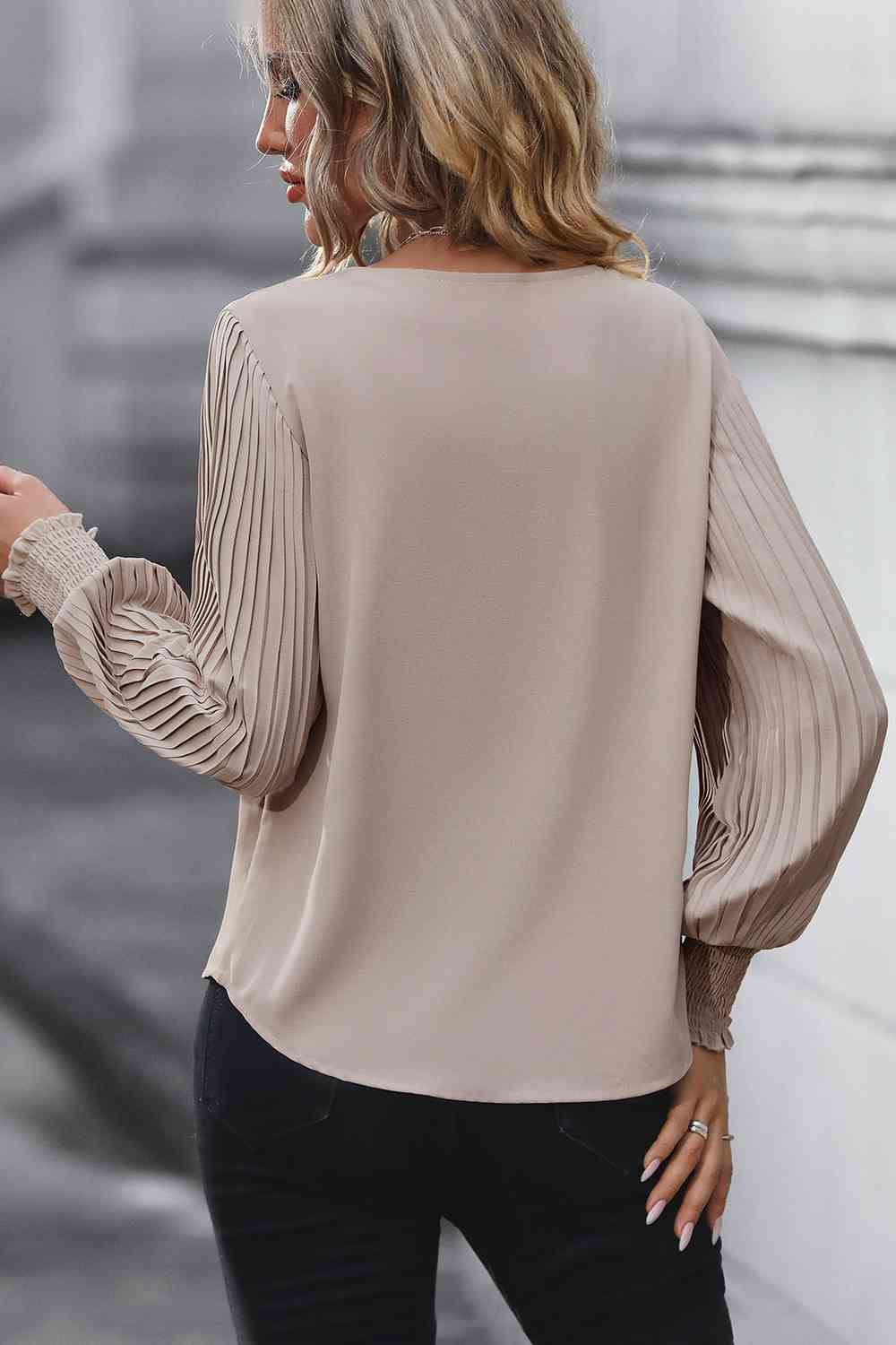 Pleated Lantern Sleeve V-Neck Blouse