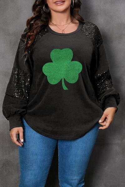 Plus Size Lucky Clover Sequin Round Neck Blouse