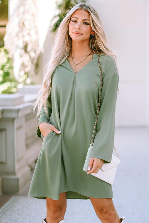 Notched Long Sleeve Dress with Pockets