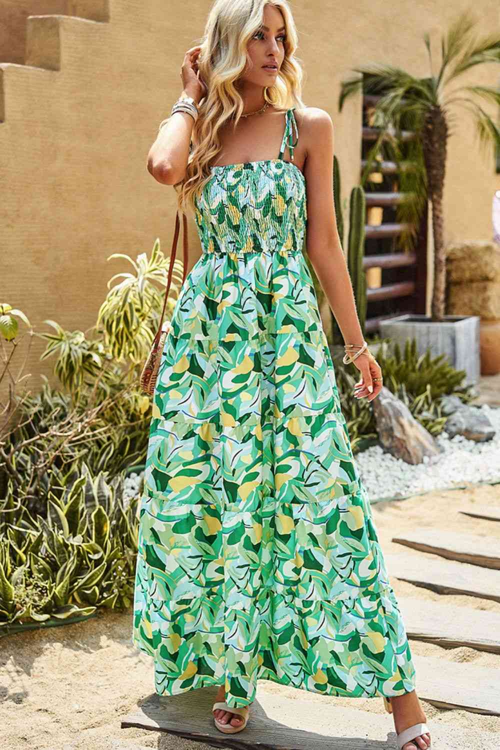 Printed Tie-Shoulder Smocked Maxi Dress