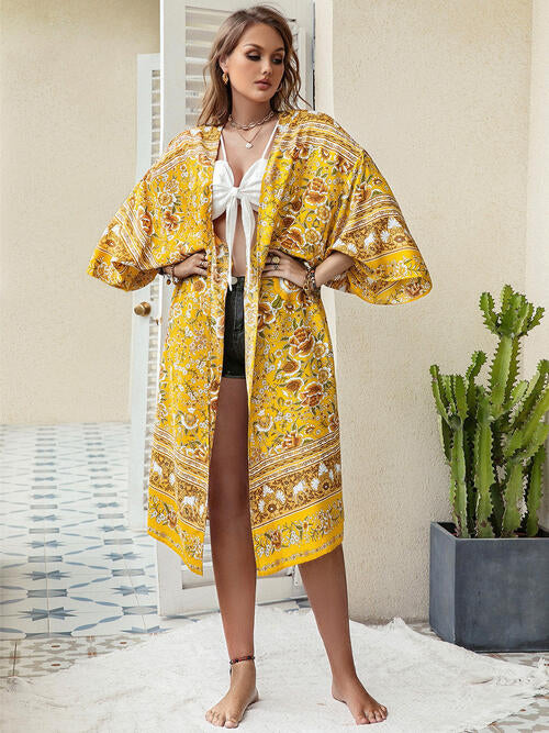Double Take Plus Size Printed Open Front Longline Cardigan