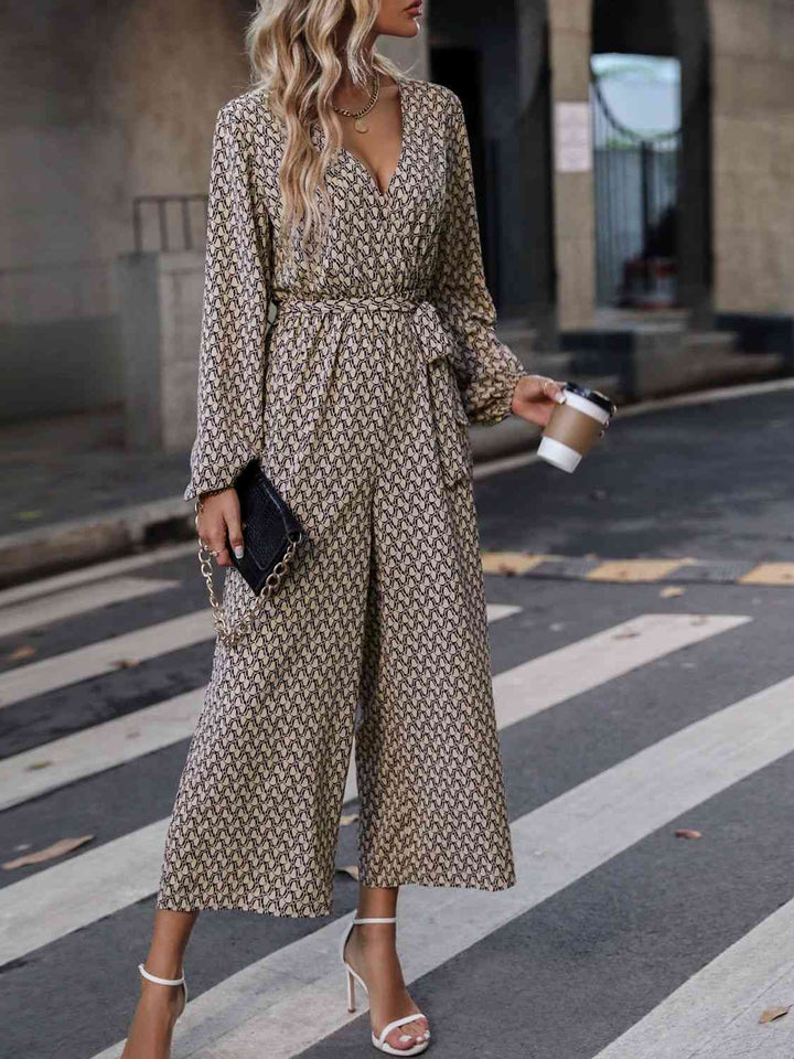 Printed Surplice Neck Tie Waist Wide Leg Jumpsuit