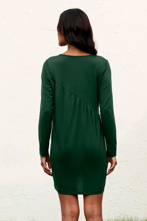 Ruched Round Neck Long Sleeve Dress