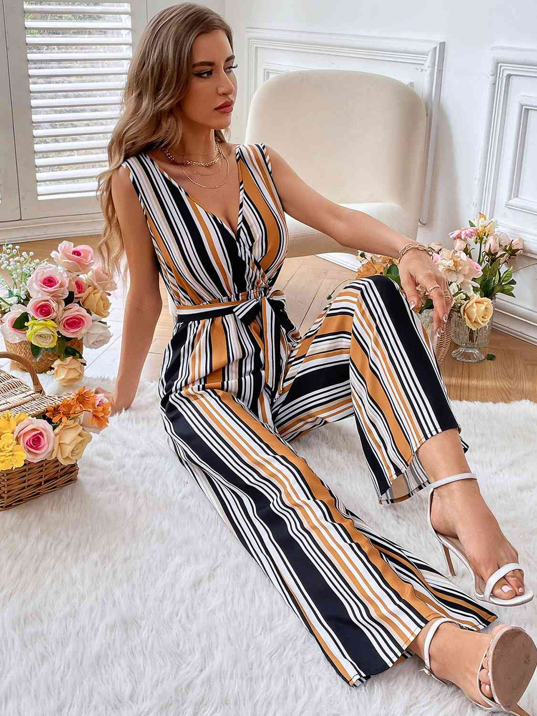 Striped Surplice Neck Sleeveless Wide Leg Jumpsuit