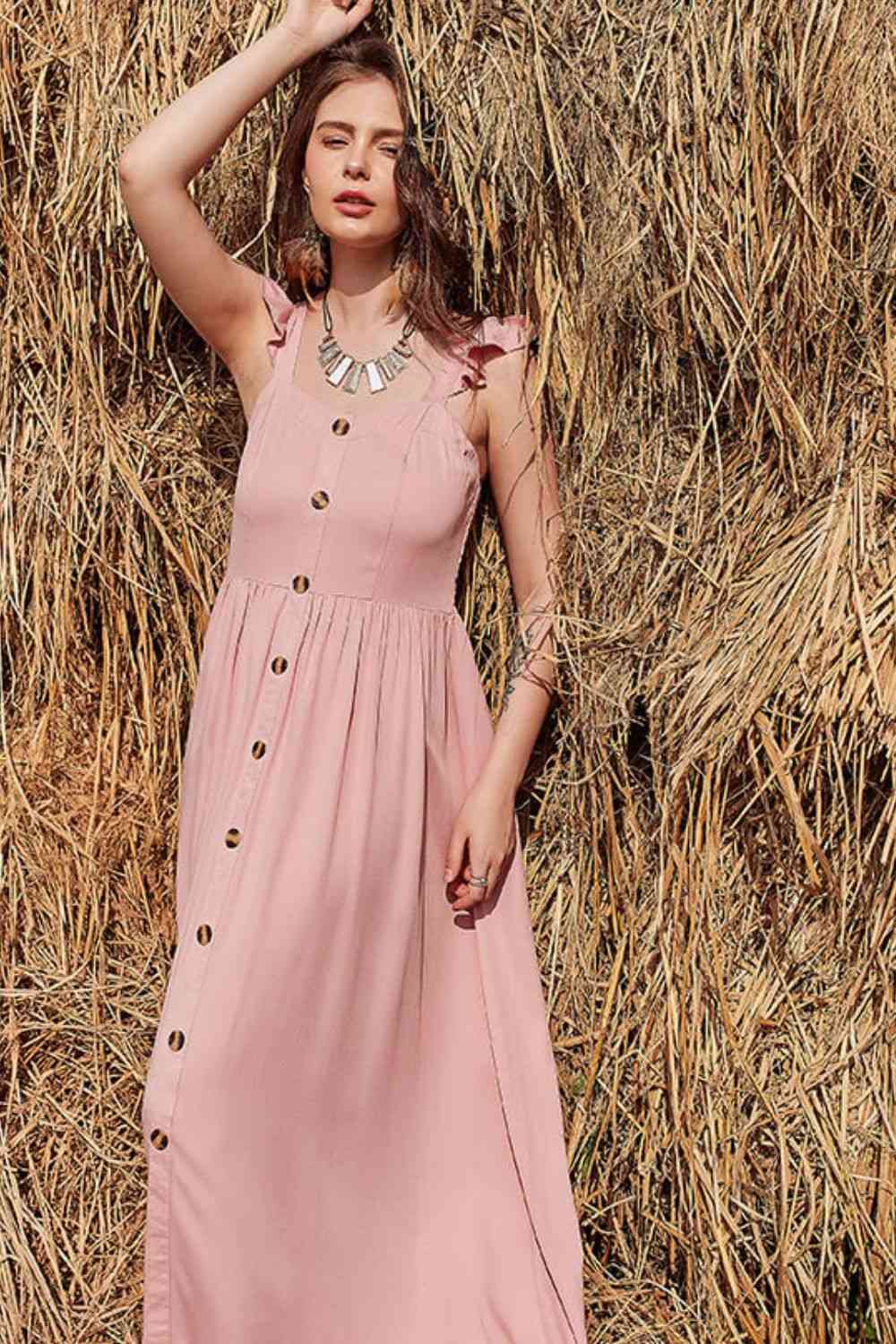 Decorative Button Ruffle Trim Smocked Maxi Dress