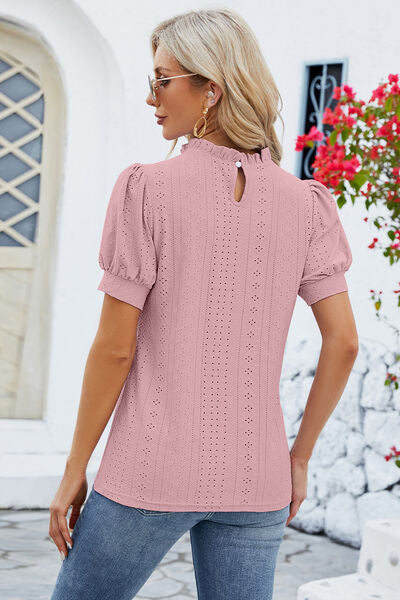 Frill Mock Neck Short Sleeve Eyelet Blouse