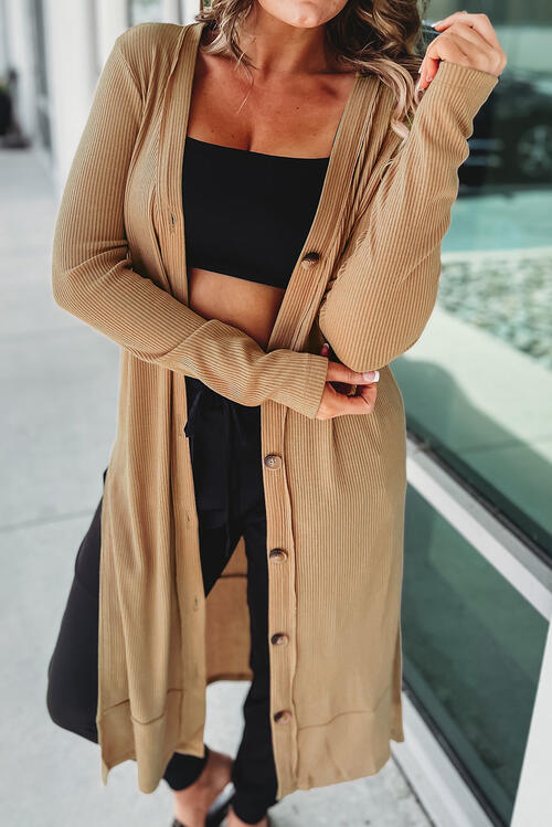 Button Up High-Low Long Sleeve Slit Cardigan