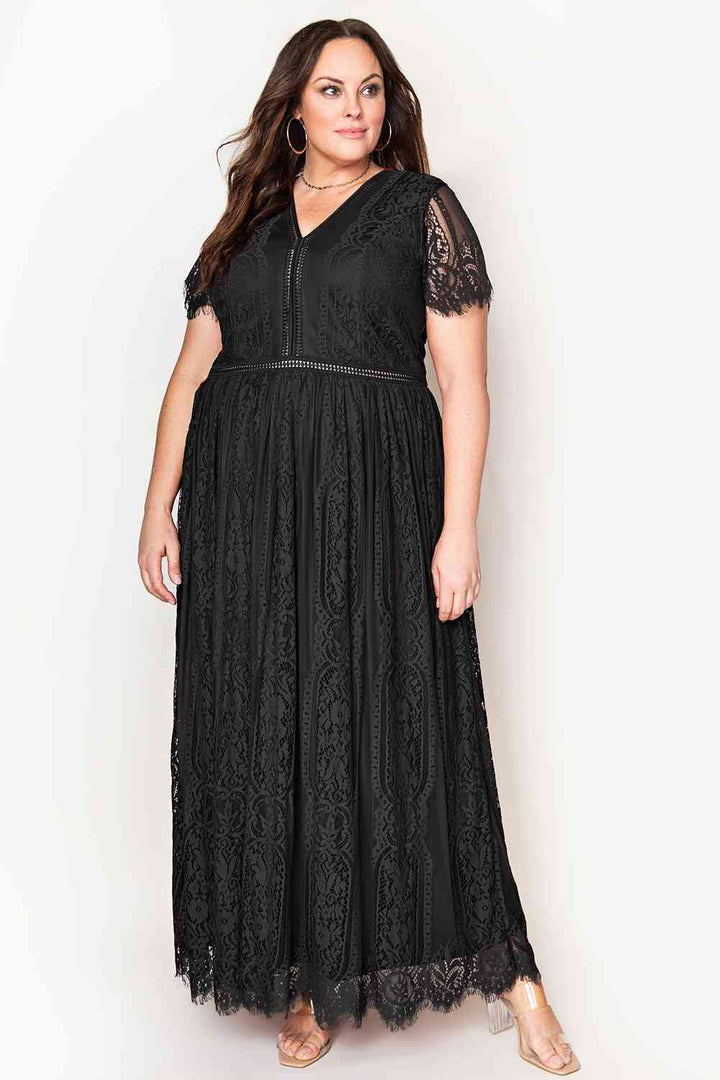 V-Neck Short Sleeve Lace Maxi Dress