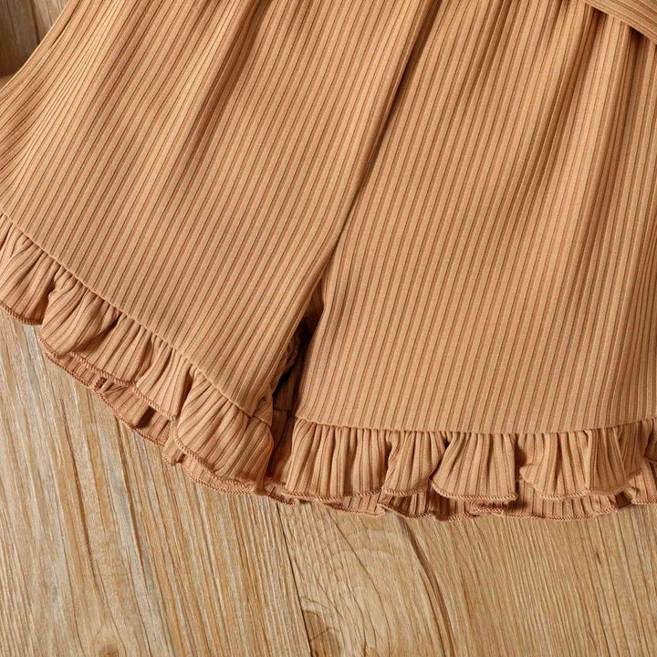 Girls Ribbed Top and Belted Ruffle Hem Shorts Set