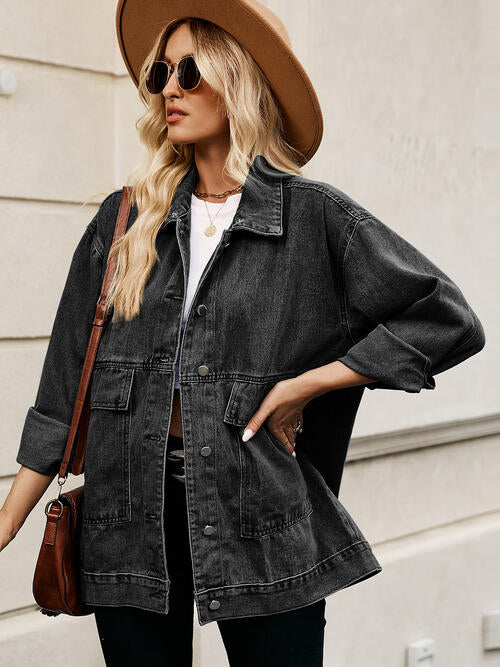 Drawstring Button Down Hooded Denim Jacket