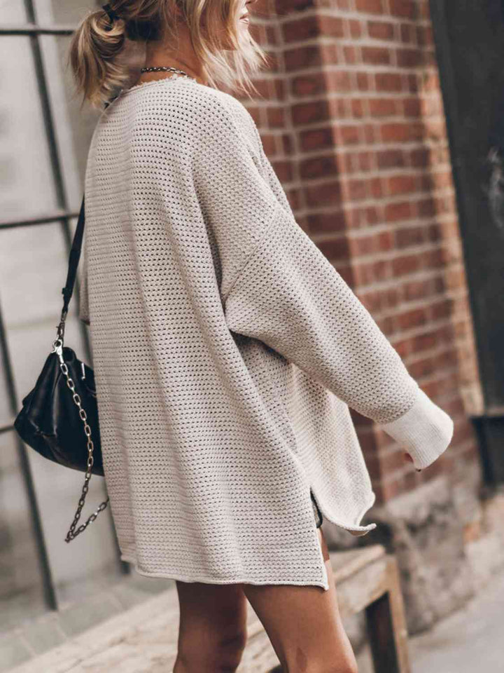 Openwork Round Neck Long Sleeve Slit Sweater