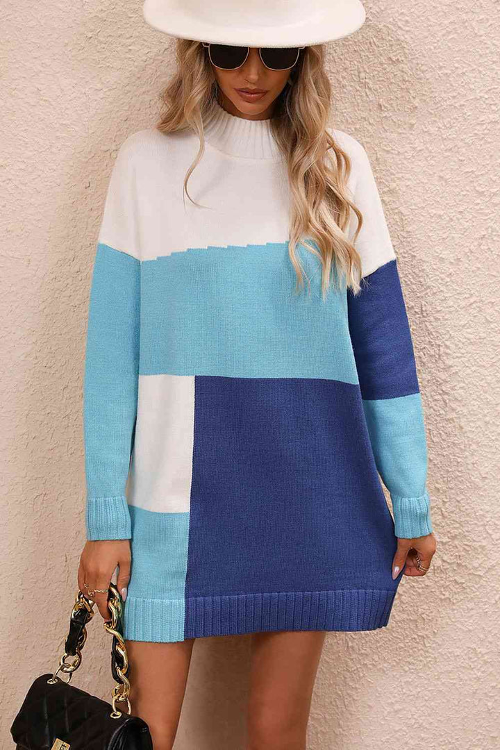 Color Block Mock Neck Dropped Shoulder Sweater Dress