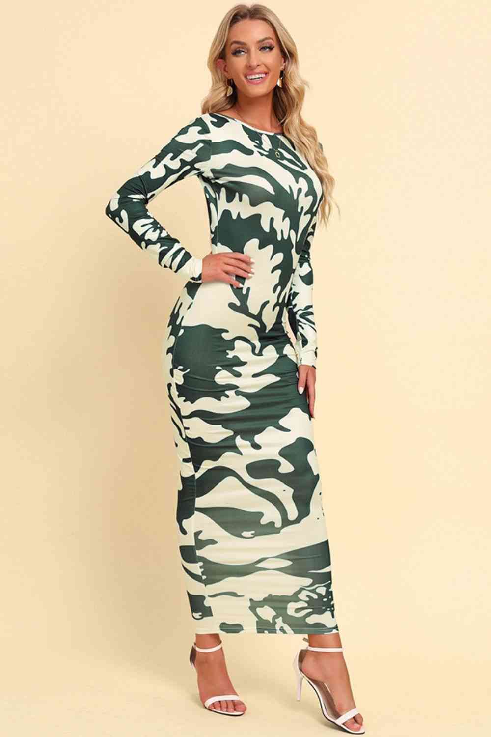 Printed Backless Long Sleeve Maxi Dress