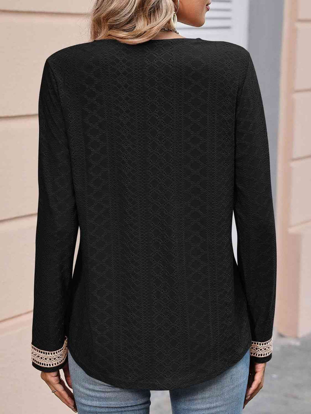 Double Take Contrast V-Neck Eyelet Long Sleeve Top