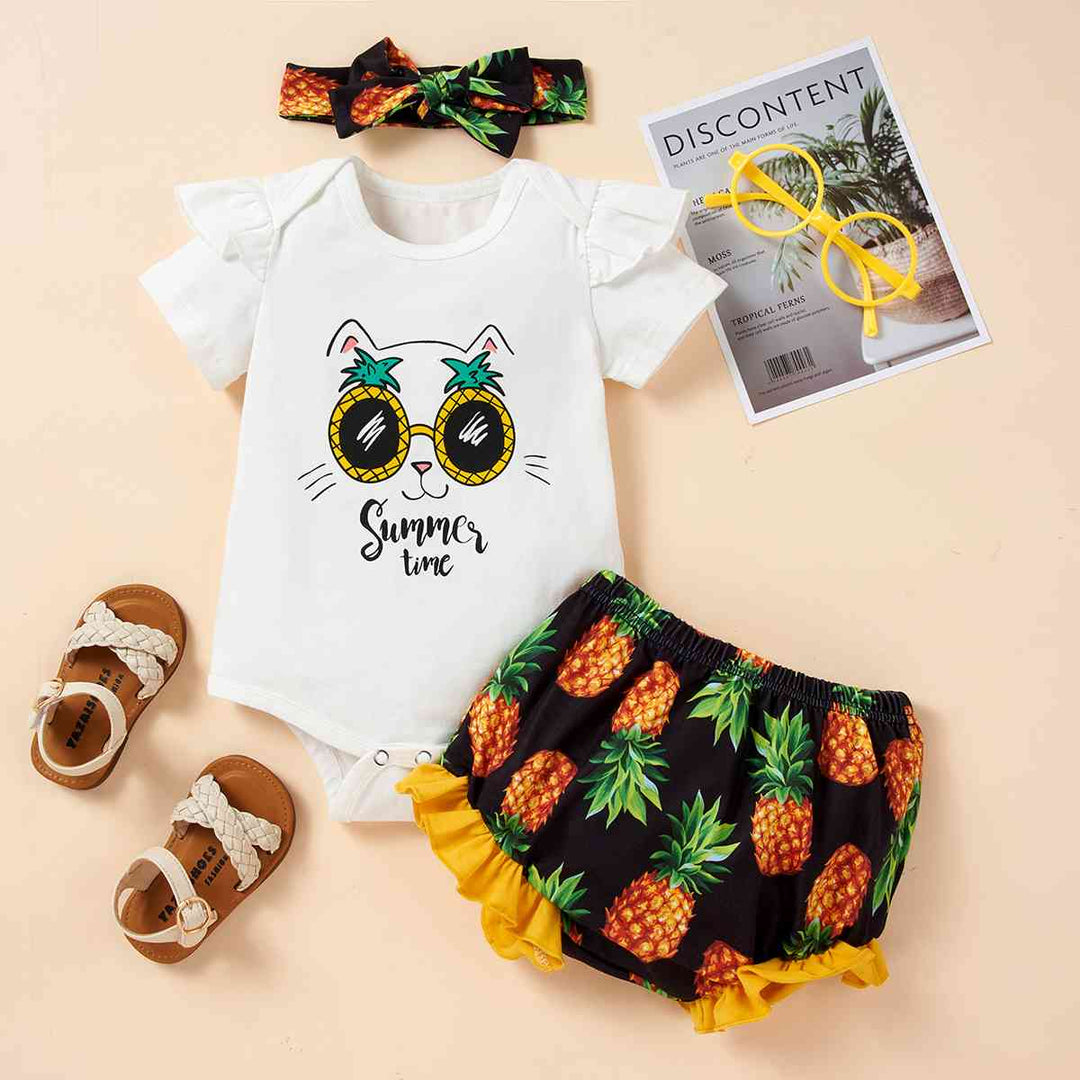 SUMMER TIME Bodysuit and Pineapple Graphic Shorts Set