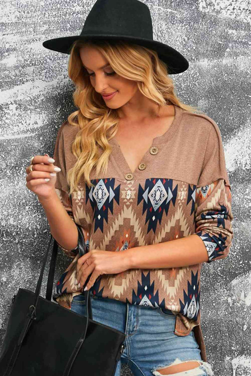 Brown Western Print Buttoned V Neck Top