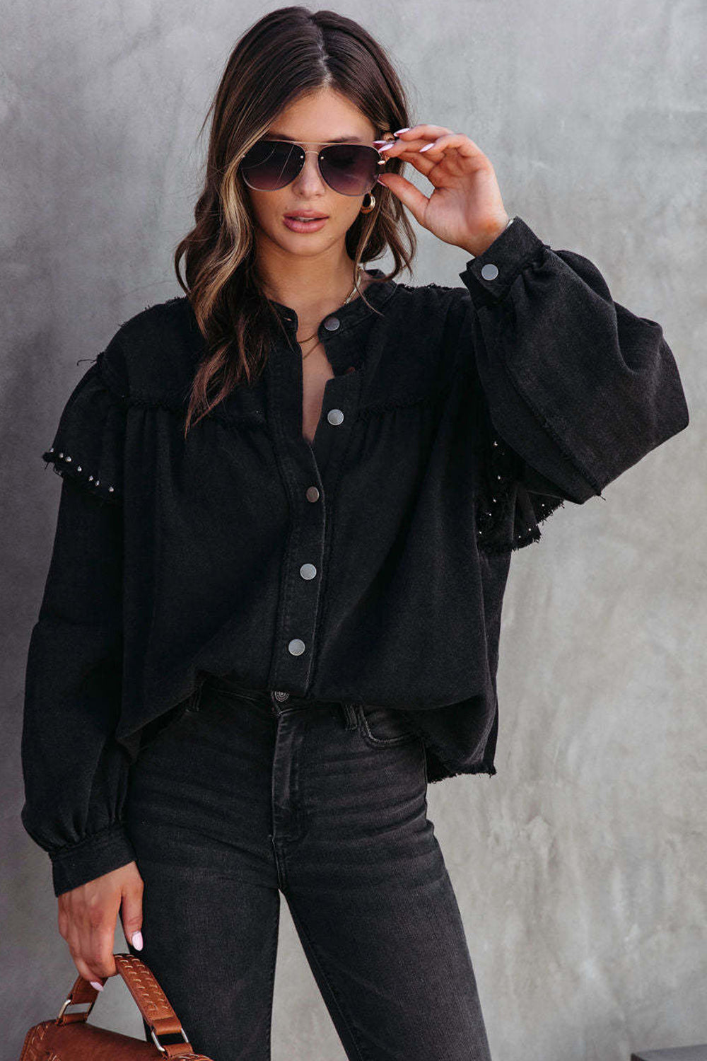 Studded Raw Hem Button Up Jacket