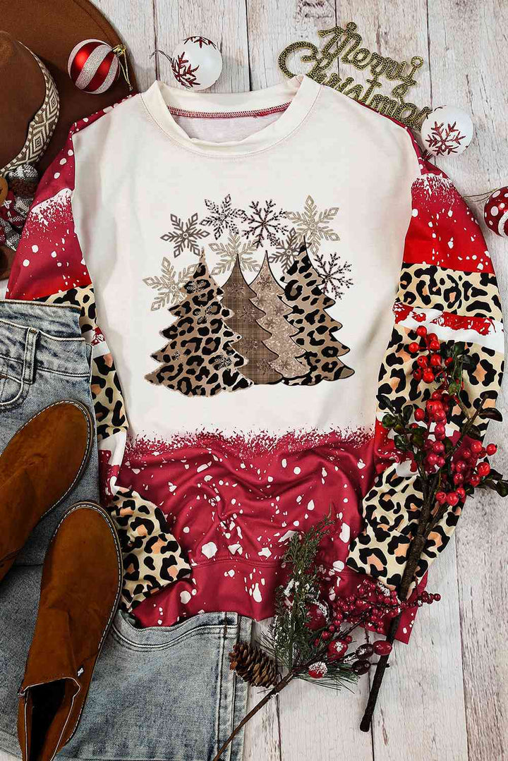 Christma Tree Graphic Leopard Round Neck Sweatshirt