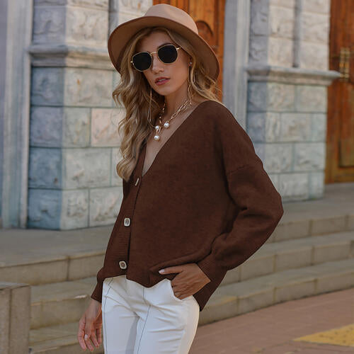 Button Up V-Neck Long Sleeve Cardigan