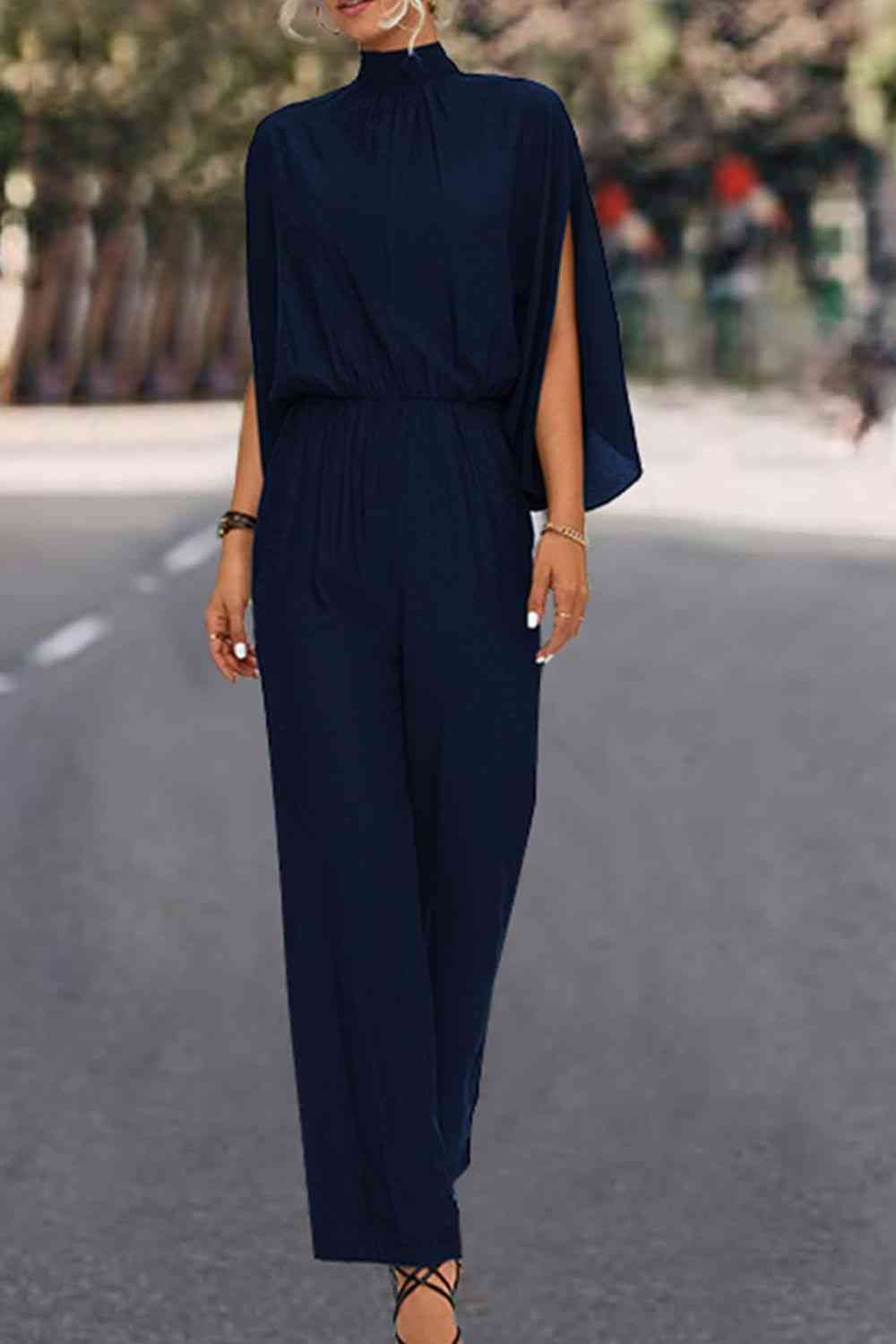 Tie Back Mock Neck Split Sleeve Jumpsuit