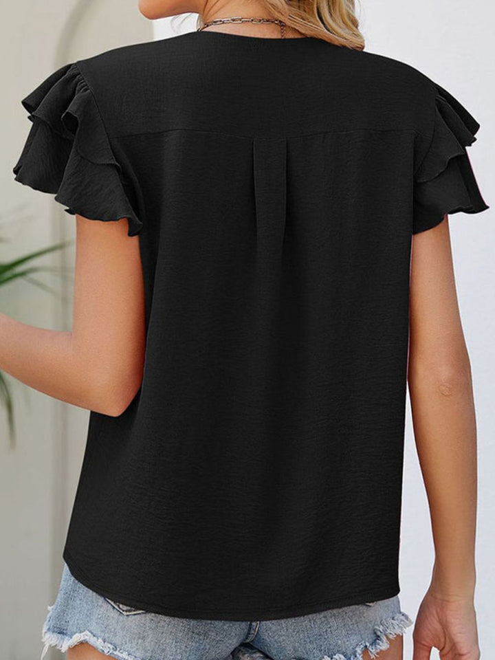 Ruffled V-Neck Cap Sleeve Blouse