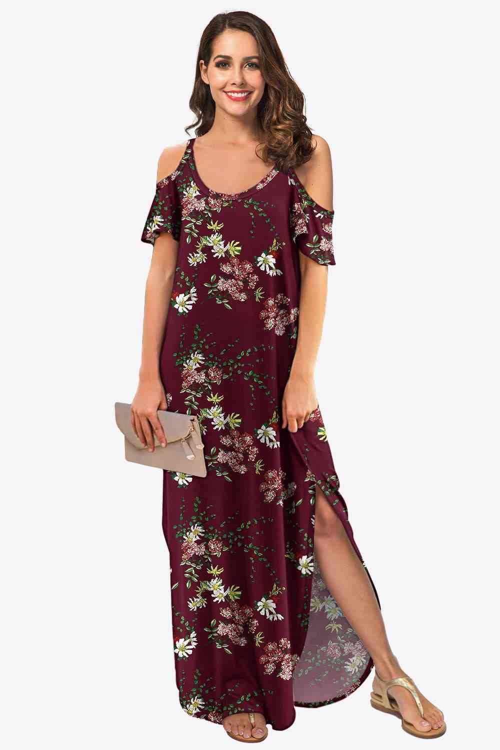 Slit Scoop Neck Cold-Shoulder Maxi Dress