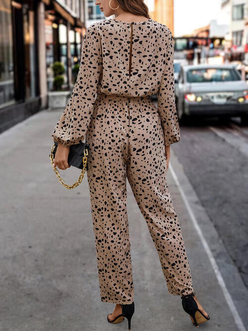 Leopard Tie Front Balloon Sleeve Jumpsuit