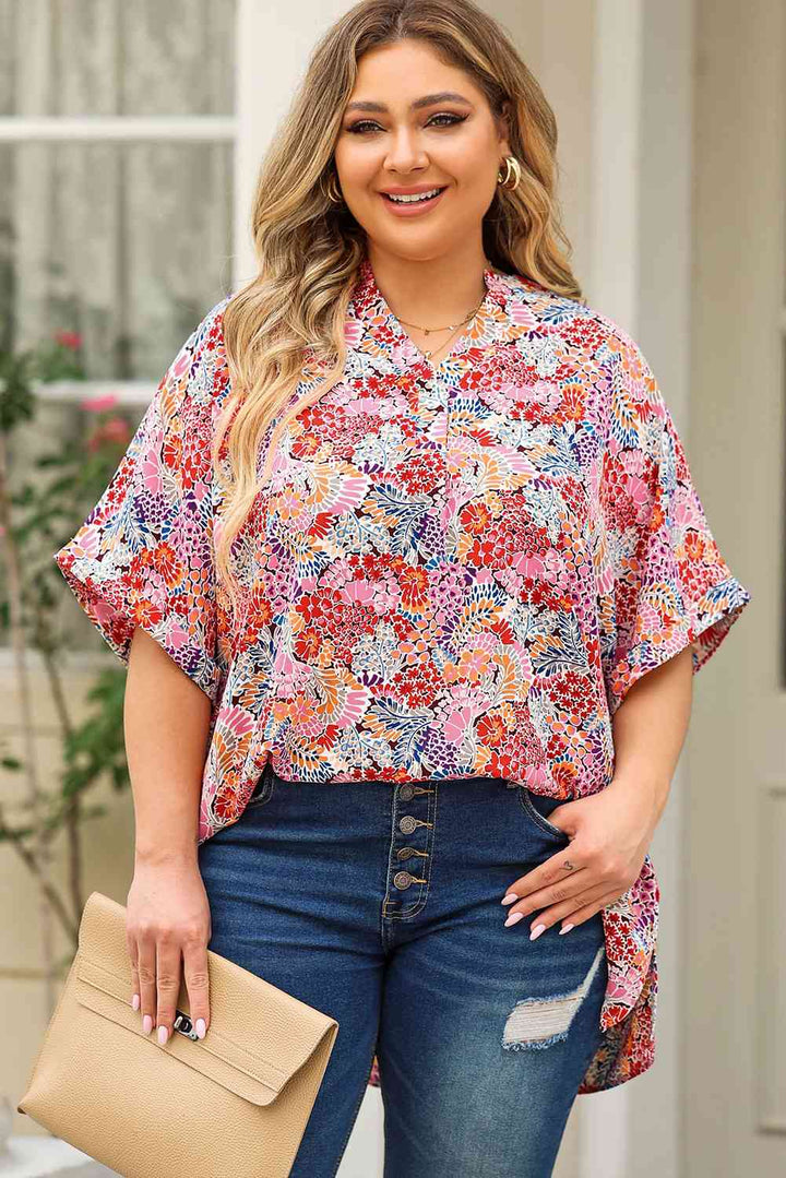 Plus Size Printed Notched Neck Half Sleeve Top