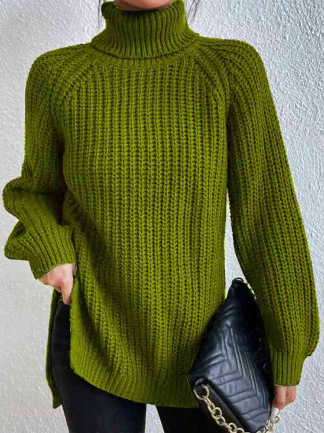 Full Size Turtleneck Rib-Knit Slit Sweater