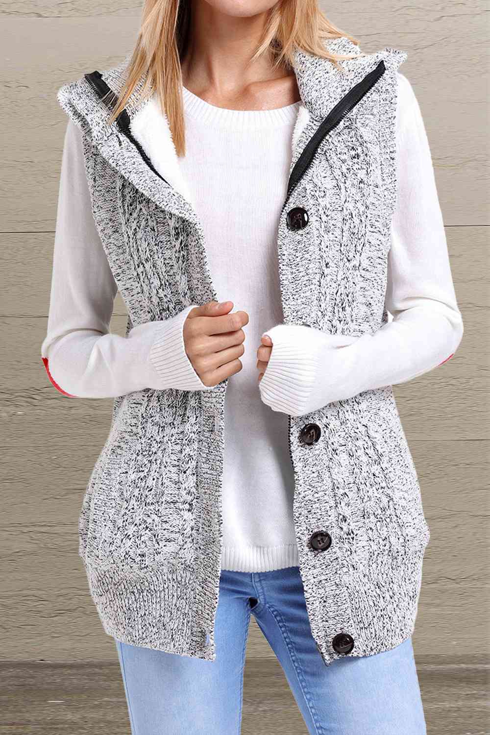 Button and Zip Closure Hooded Sweater Vest